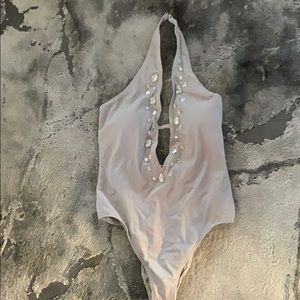 Spiegel Dove gray jeweled halter swimsuit